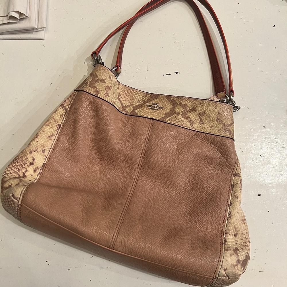 Coach Brown & Tan Python-Print Leather Shoulder Bag